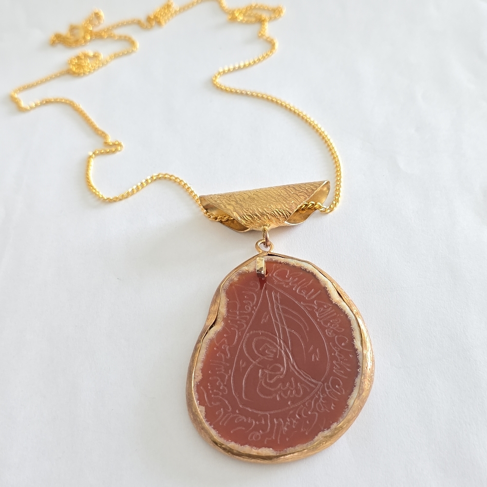 Vintage Gold tone Necklace with carnelian pendant  Islamic Writing Inlaid Engrav